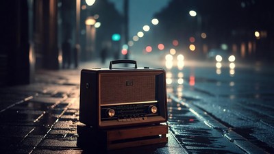 Vintage radio on wet nighttime street