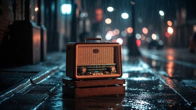 Vintage radio on rainy street