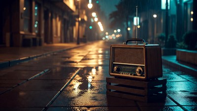 Vintage radio on rainy night street