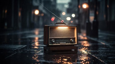 Vintage radio on rainy street