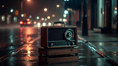 Vintage radio on crate in rainy night street