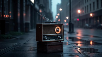 Vintage radio on wet street
