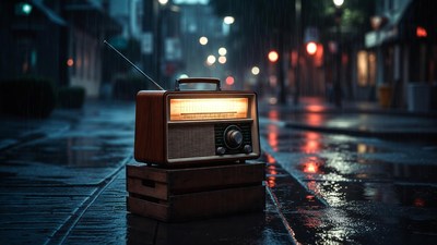 Vintage radio on crate in rainy street