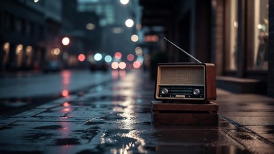 Vintage radio on wet city street