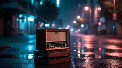 Vintage Radio in Rainy Neon Street