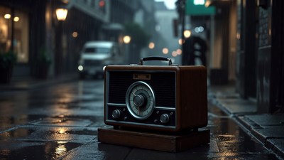 Vintage radio on rainy street