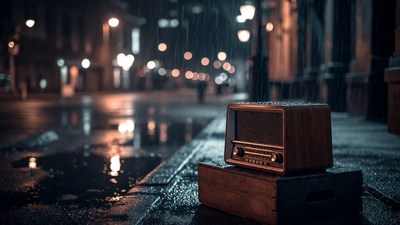 Vintage radio on rainy street