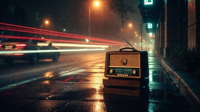 Vintage radio on rainy night street