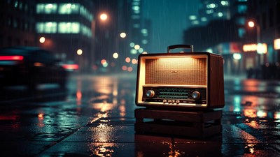 Vintage radio on rainy city street