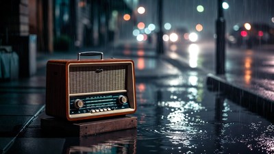 Vintage radio on rainy street