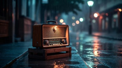 Vintage Radio on Wet Street