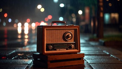 Vintage radio in rainy night street