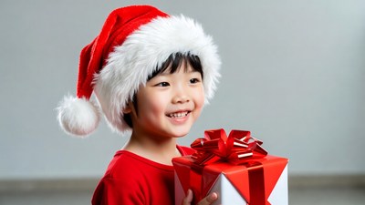 Asian boy holding Christmas gift