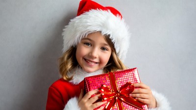 Girl holding red Christmas gift
