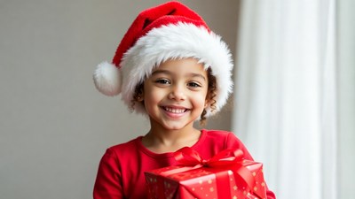 African-American girl holding red Christmas gift