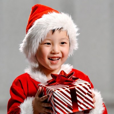 Asian boy in Santa suit holding gift