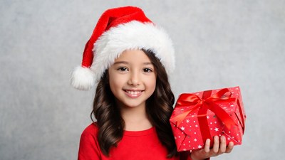 Asian girl holding Christmas gift