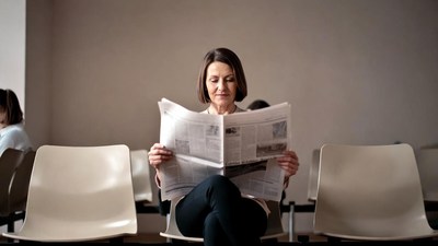 Woman reading newspaper in waiting room