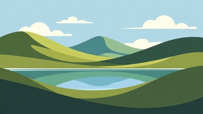 Flat Illustration of Lake and Mountains