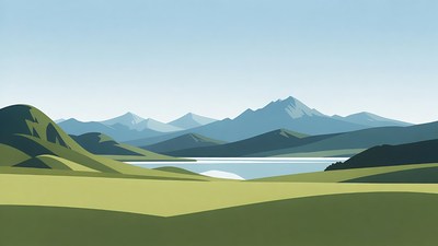 Flat Illustration of Lake and Mountains