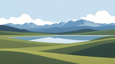 Flat Illustration of Lake and Mountains