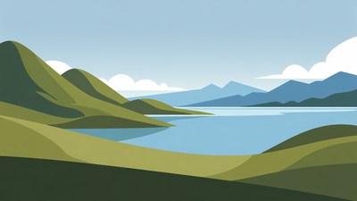 Flat Illustration of Lake and Mountains