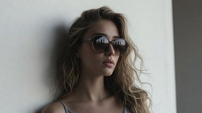 Woman in sunglasses against white wall