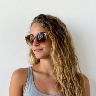 Woman with curly hair wearing sunglasses