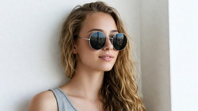 Woman with wavy hair wearing round sunglasses