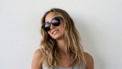 Woman in sunglasses against white wall