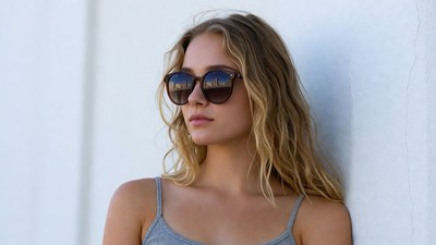 Blonde woman in sunglasses against wall