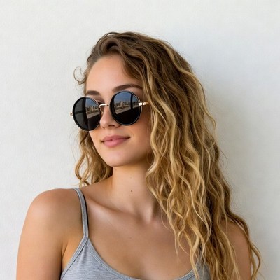 Woman with curly hair and sunglasses