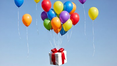 Gift Box Lifted by Colorful Balloons