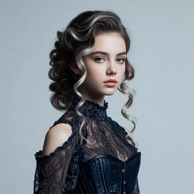 Young woman in black lace corset dress