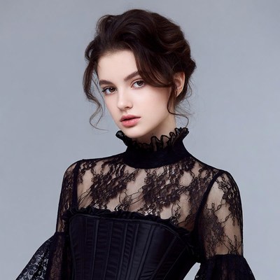 Woman in black lace corset dress