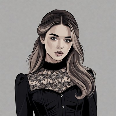 Woman in black lace dress illustration