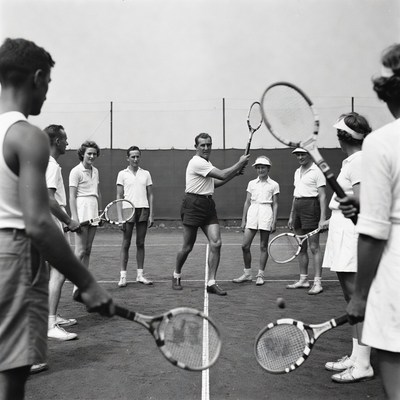 Tennis coach instructing group players