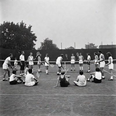 Tennis team group sitting on court
