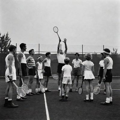 Tennis coach instructing group of kids