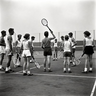 Tennis coach instructing group players
