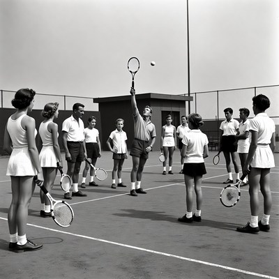 Man teaching tennis to group of children