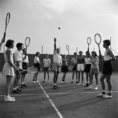 Tennis coach tossing ball to group