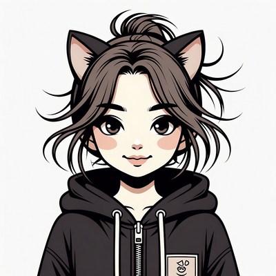 Anime girl with cat ears in hoodie