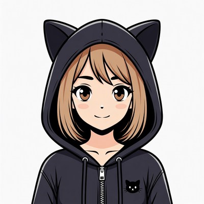 Anime girl in black cat hoodie