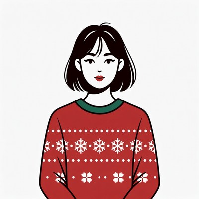 Asian woman in red Christmas sweater
