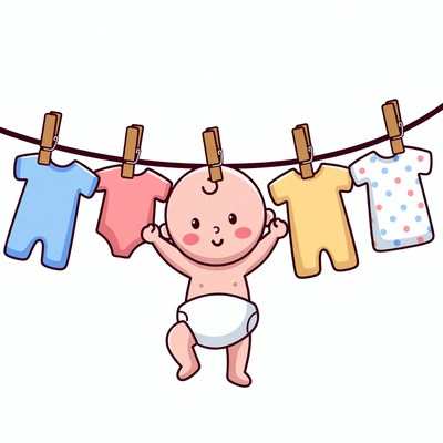 Baby hanging colorful baby clothes clothesline