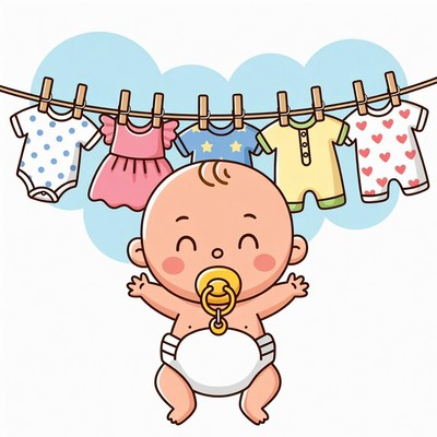 Baby with colorful clothes on clothesline illustration