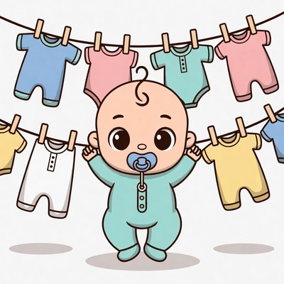 Baby Standing Under Hanging Clothes