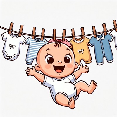 Happy baby hanging from clothesline