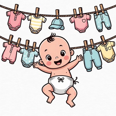 Baby Hanging on Clothesline with Clothes